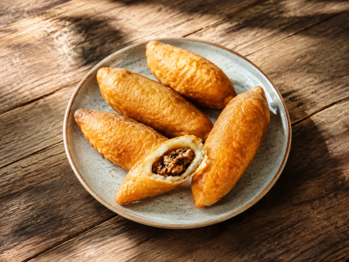 Four golden deep-fried torpedo-shaped croquettes with tapered ends on a speckled grey plate, one split open to show a dark spiced ground-beef filling.
