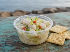 A clear plastic cup of white cubed fish in cloudy lime marinade flecked with green celery and red pepper, with square soda crackers beside it on a weathered turquoise table by the sea.