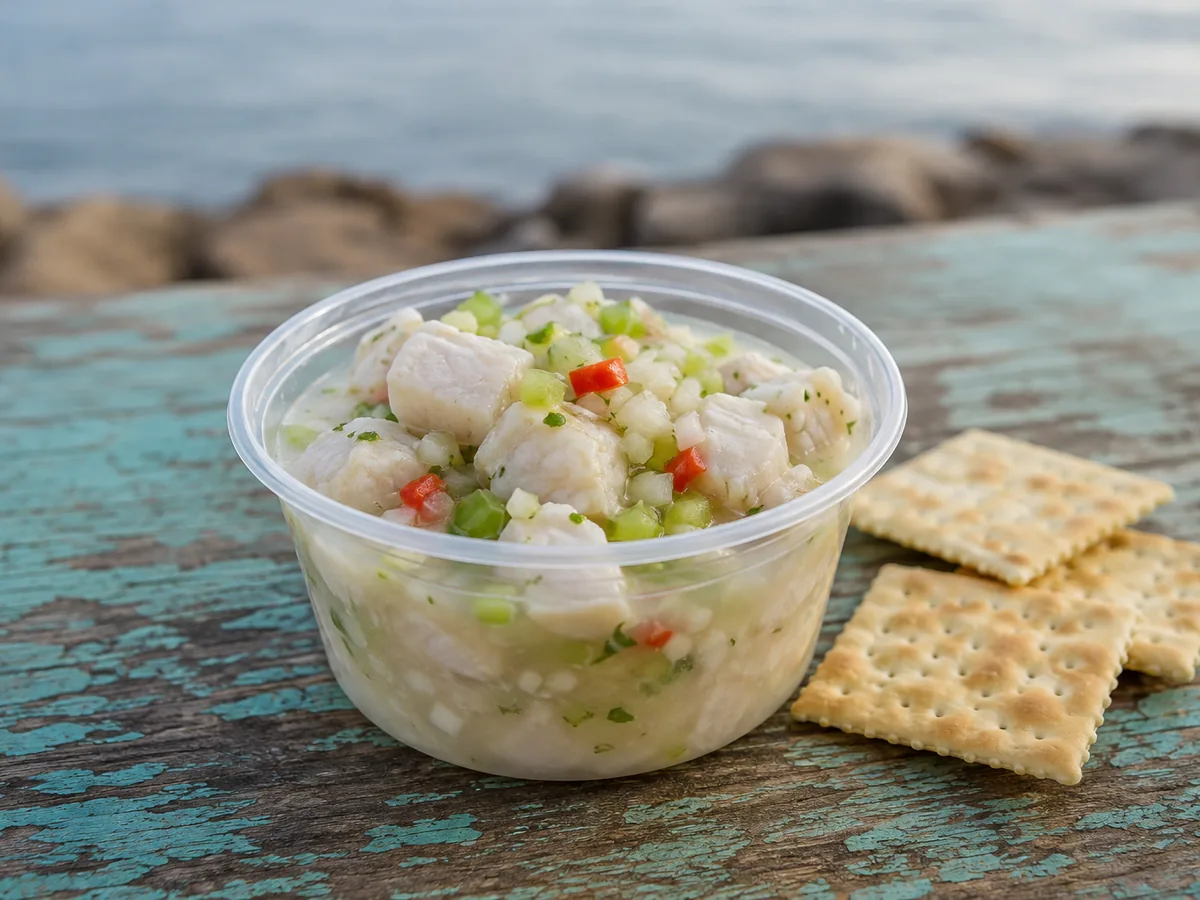 A clear plastic cup of white cubed fish in cloudy lime marinade flecked with green celery and red pepper, with square soda crackers beside it on a weathered turquoise table by the sea.
