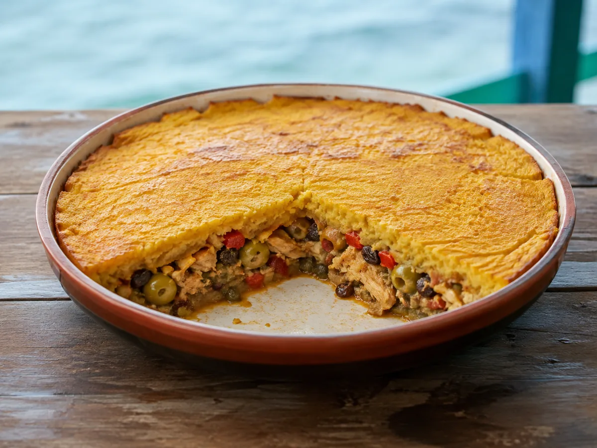 A round terracotta baking dish of golden corn casserole with a browned top and one wedge removed, revealing a filling of shredded chicken, green olives, dark raisins and red pepper.