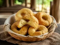 A linen-lined wicker basket piled with golden ring-shaped cheese breads, the one at the front torn open to show a pale interior and a thin strand of melted cheese, on sacking over a dark table.