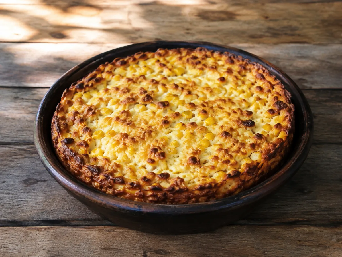 A round dark clay dish holding a deep golden baked corn pudding, its surface studded with whole yellow kernels and blistered brown at the edges, on weathered pale wooden boards.