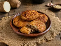 A round wooden plate of flat golden-brown fried patties on sacking, one broken in half to reveal a pale cassava interior packed with dark minced beef, with a cut cassava root and garlic cloves behind.