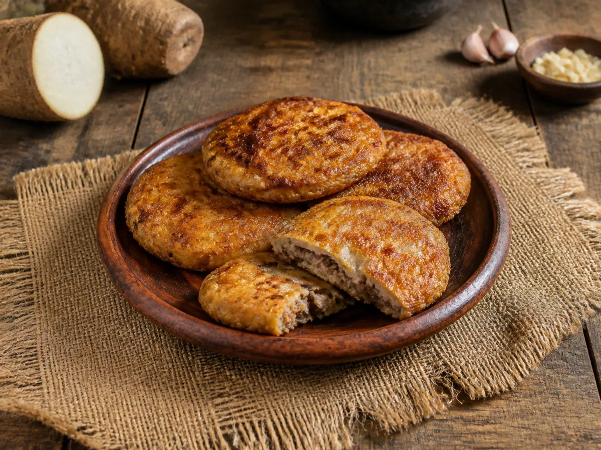 A round wooden plate of flat golden-brown fried patties on sacking, one broken in half to reveal a pale cassava interior packed with dark minced beef, with a cut cassava root and garlic cloves behind.