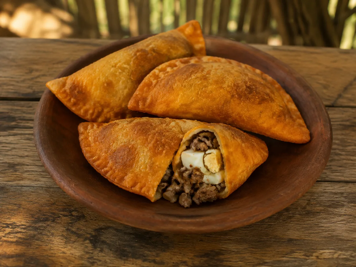 Three deep golden-orange fried turnovers with crimped edges on a round terracotta plate, the front one broken open to show minced beef and a piece of hard-boiled egg white, on a weathered wooden table.