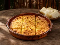 A round terracotta dish of deep golden baked cornbread scored into squares, its surface flecked with softened onion, on a weathered wooden table beside a plate of thick white boiled cassava pieces.