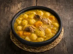 A black clay bowl of thick golden-yellow soup crowded with pale round dumplings, chunks of orange squash and pieces of chicken on the bone, on a woven mat over a dark wooden table.