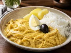 A shallow bowl of shredded chicken in thick yellow sauce, with sliced boiled potato, a wedge of hard-boiled egg, a single dark olive and a mound of white rice arranged around the edge.