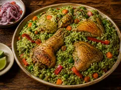 A wide dish of green-stained rice studded with peas, diced carrot and strips of red pepper, with four browned bone-in chicken pieces set into it, a bowl of pink pickled onion and lime wedges alongside.
