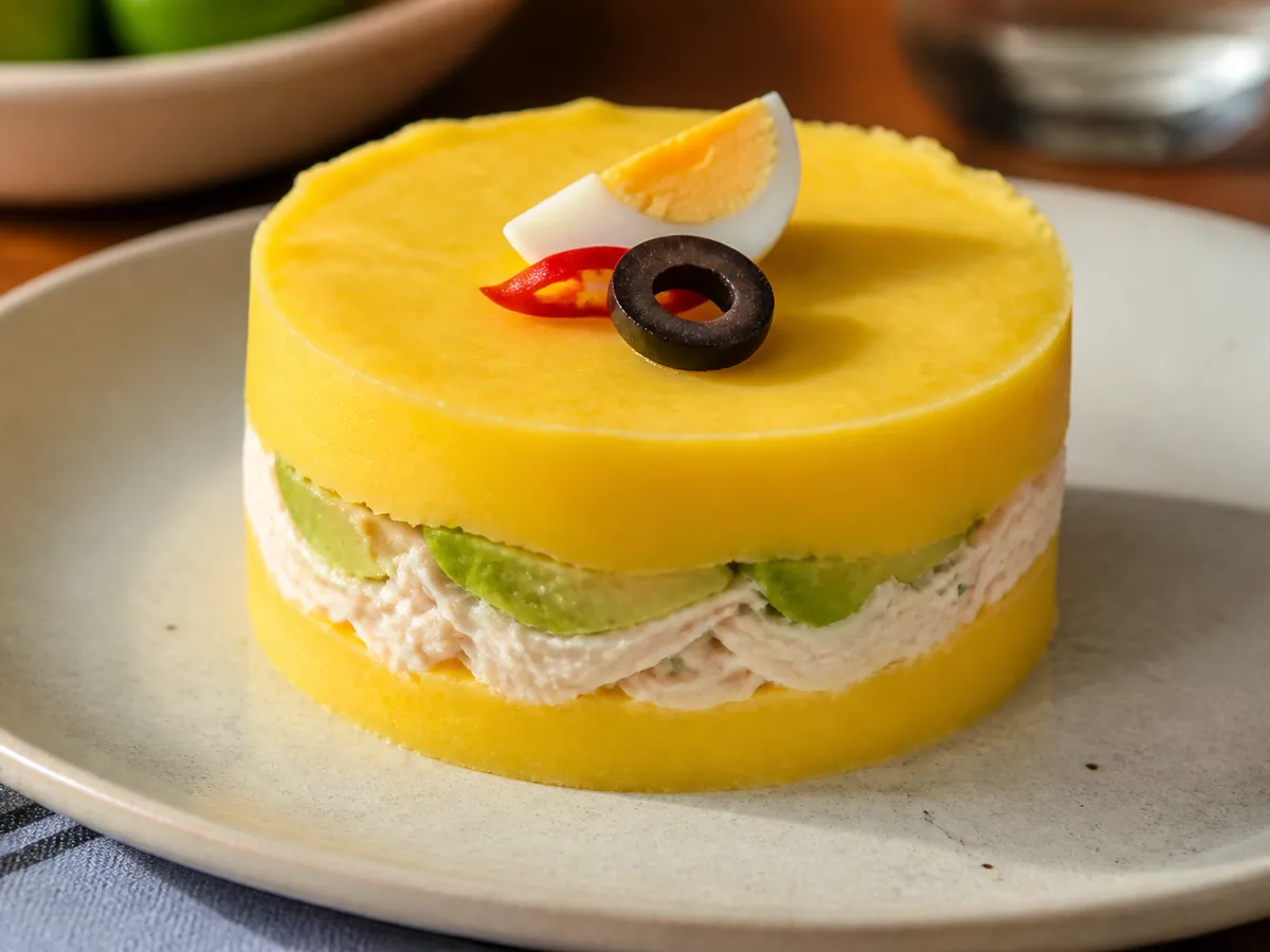 A round tower of bright yellow potato on a pale plate, sliced open to show a band of pale filling and green avocado between two yellow layers, topped with a wedge of hard-boiled egg, a strip of red pepper and a black olive ring.