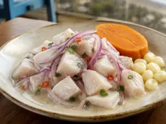 A shallow speckled bowl of white fish cubes in cloudy lime juice, tangled with purple onion slivers, red chile rings and cilantro, with a thick round of orange sweet potato and a row of pale corn kernels along one side.