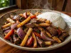 A speckled bowl of browned beef strips tossed with thick fries, red onion wedges and tomato, flecked with cilantro, with a mound of white rice banked along one side and steam rising.
