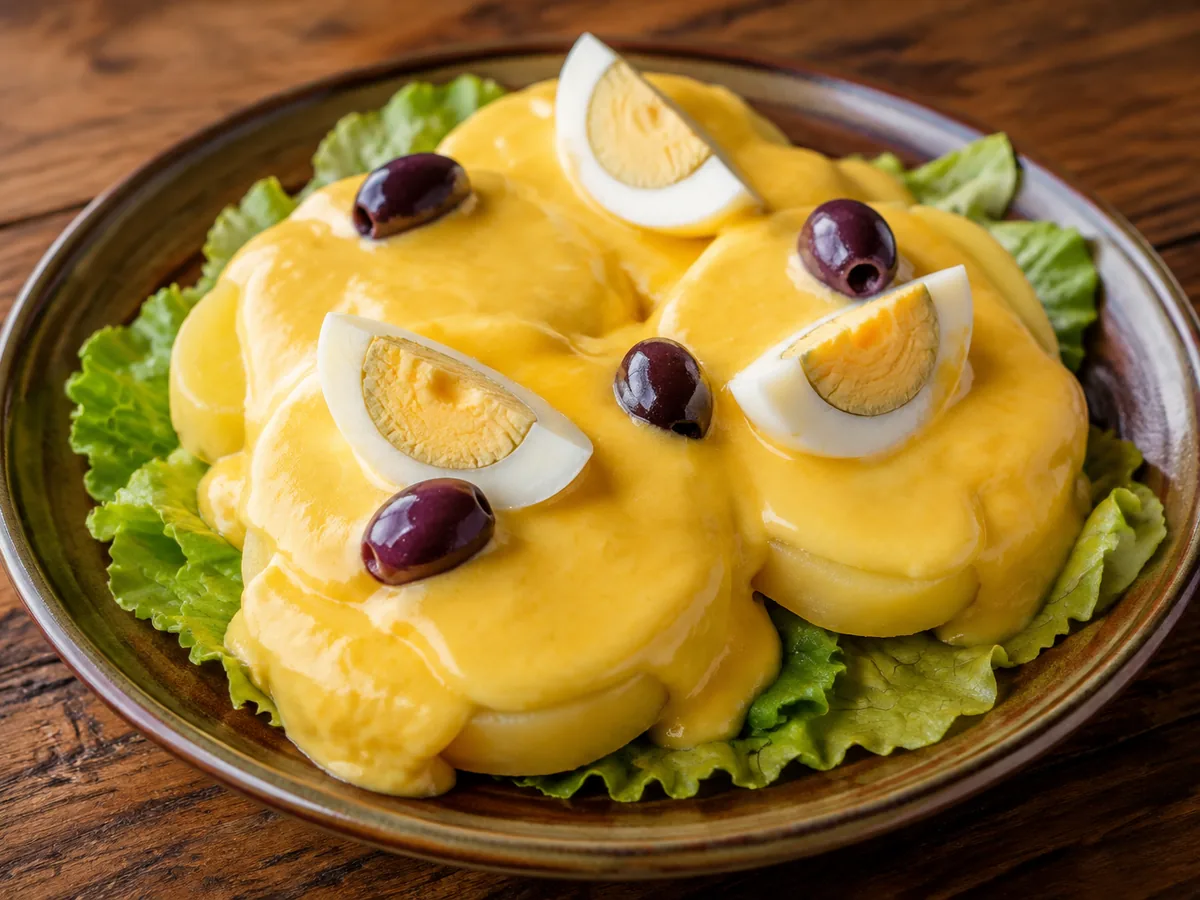 Thick rounds of boiled potato on a ruffled lettuce leaf, blanketed in glossy yellow sauce and topped with quarters of hard-boiled egg and dark purple olives, on a brown-rimmed plate.