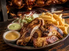 A platter of dark-skinned roast chicken pieces with a pile of golden fries, shredded lettuce salad and two small bowls of pale green and yellow dipping sauce, with more chickens blurred over a fire in the background.