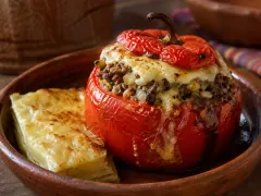 A whole red pepper with its stem still attached, stuffed with browned mince and topped with melted cheese, sitting in a shallow wooden bowl beside a wedge of layered potato cake with a golden crust.