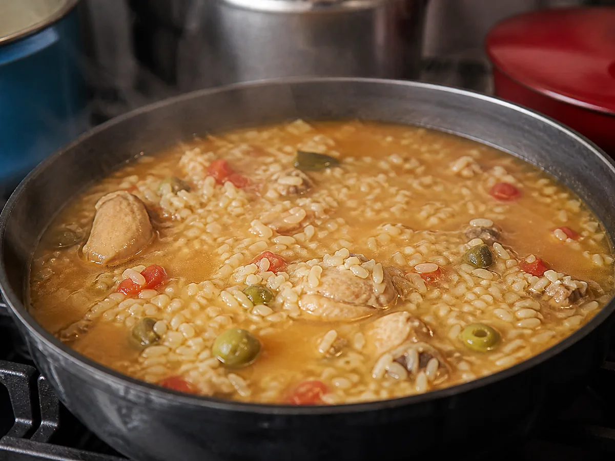 A bowl of asopao de pollo — soupy orange rice with a bone-in chicken thigh, green olives, and cilantro.