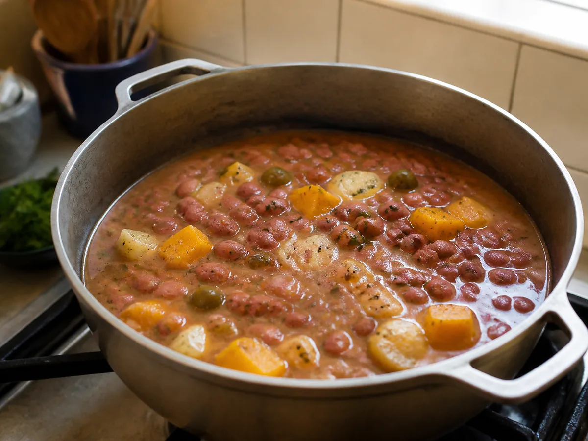 A pot of pink beans in thick orange liquor with chunks of calabaza, ladled over white rice.