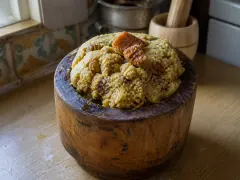 A dome of mofongo turned out of a wooden pilón, flecked with pork and garlic, a cup of hot broth beside it.