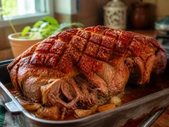 A roasted pork shoulder with dark blistered cuerito, scored in diamonds and carved to show the pulling meat beneath.