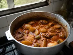 Bone-in chicken pieces lacquered in a thick rust-orange sauce with green olives and potato chunks, beside white rice.