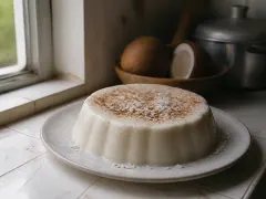 A turned-out white coconut tembleque dusted with ground cinnamon, glossy and holding its shape on a rimmed plate.