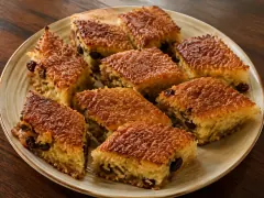 Squares of bojo, a dense cassava and coconut cake with a crisp golden-brown top studded with raisins, on a plate.