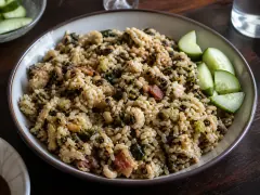 A bowl of moksi alesi, coconut rice mixed with black-eyed peas, flaked salt cod, smoked pork and dark greens, with cucumber slices.