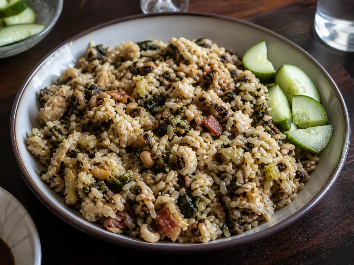 A bowl of moksi alesi, coconut rice mixed with black-eyed peas, flaked salt cod, smoked pork and dark greens, with cucumber slices.