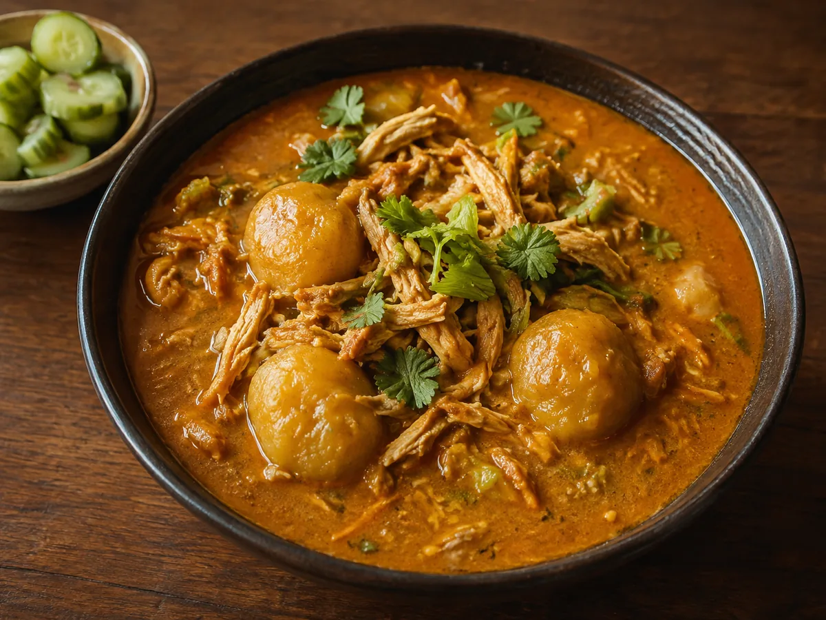 A bowl of creamy orange peanut soup with shredded chicken and three smooth plantain tom tom dumplings, garnished with celery leaf.