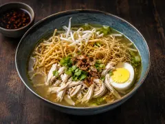 A bowl of clear saoto soup with shredded chicken, bean sprouts, a halved egg and a heap of crisp potato sticks and fried shallots, with sambal ketjap behind.