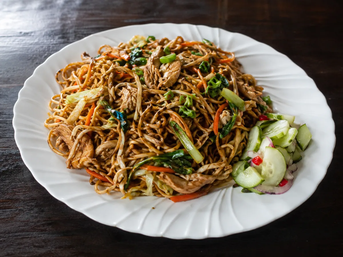 A platter of dark, glossy Surinamese bami noodles tossed with chicken, cabbage and carrot, with sweet-sour pickled cucumber on the side.
