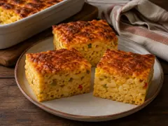 Three thick squares of baked macaroni and cheese with a browned cheese crust and flecks of red and green pepper on a plate, the baking dish behind.