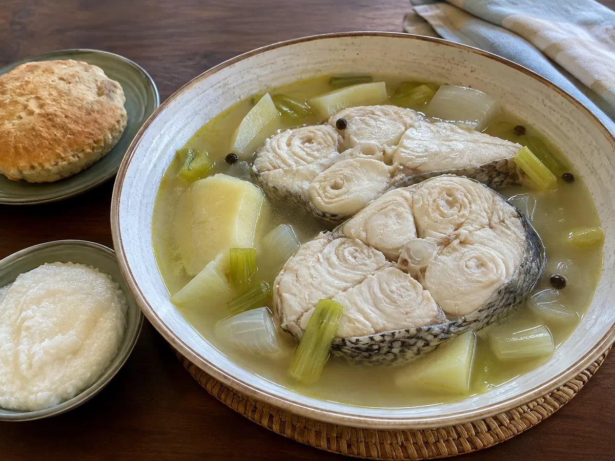A bowl of clear broth with two skin-on grouper steaks, potato chunks, celery, onion and allspice berries, with a johnny cake and a dish of grits beside it.