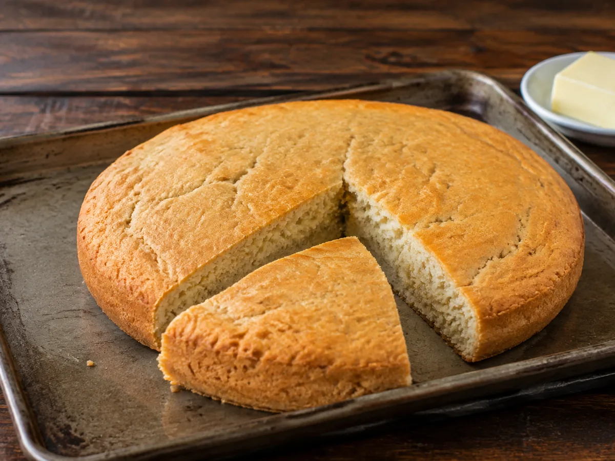 A round golden johnny cake on a baking tray with one wedge cut and pulled forward, showing a pale, dense crumb, with butter behind.