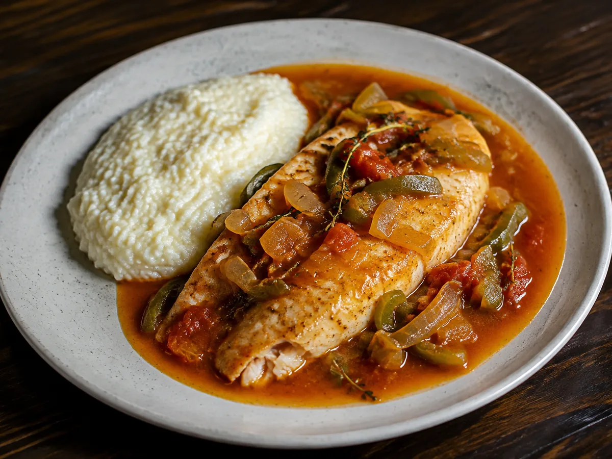 A fish fillet in a red tomato gravy with onion, green pepper and thyme sprigs on a stoneware plate, with a mound of white grits beside it.