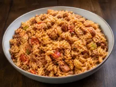 A wide bowl heaped with orange-tinted rice studded with brown pigeon peas and flecks of tomato and green pepper.