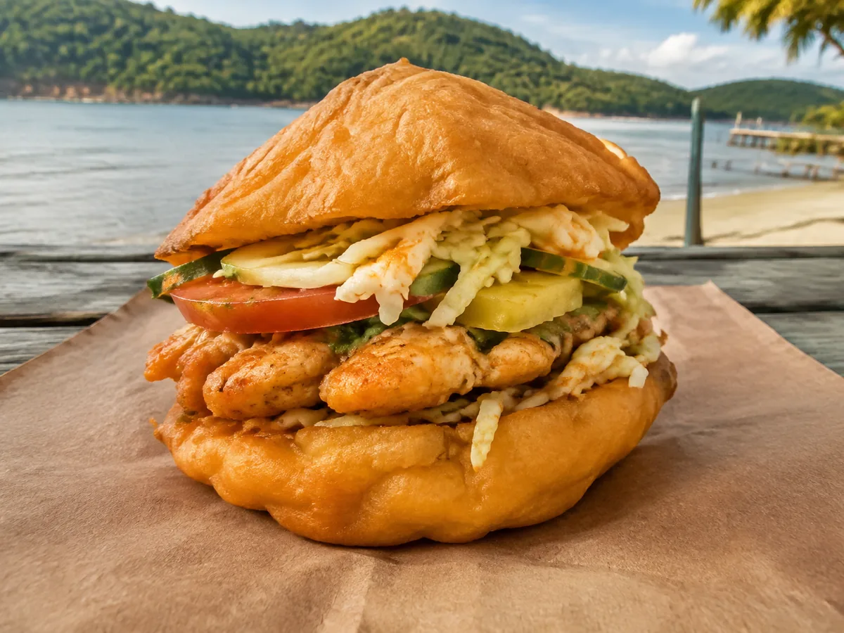 A puffed golden fried bread pocket stuffed with a crisp fish fillet, cucumber, tomato and shredded slaw, on brown paper with a beach and headland behind.