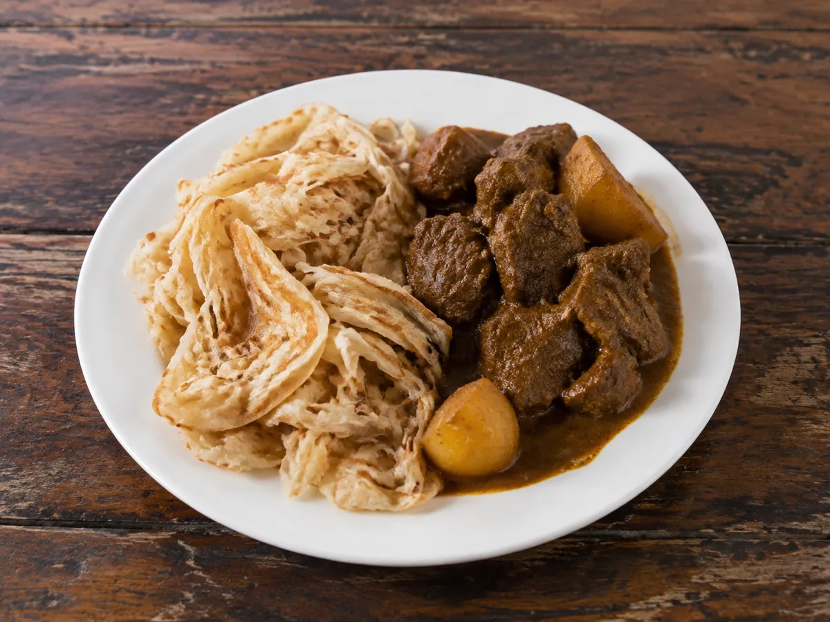 A white plate holding a mound of shredded pale flaky roti beside chunks of dark curried goat and potato in a thick brown gravy.