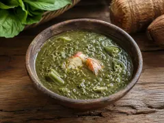 A dark wooden bowl of thick forest-green stew studded with sliced okra rounds and a piece of crab claw, beside taro roots and fresh green leaves.