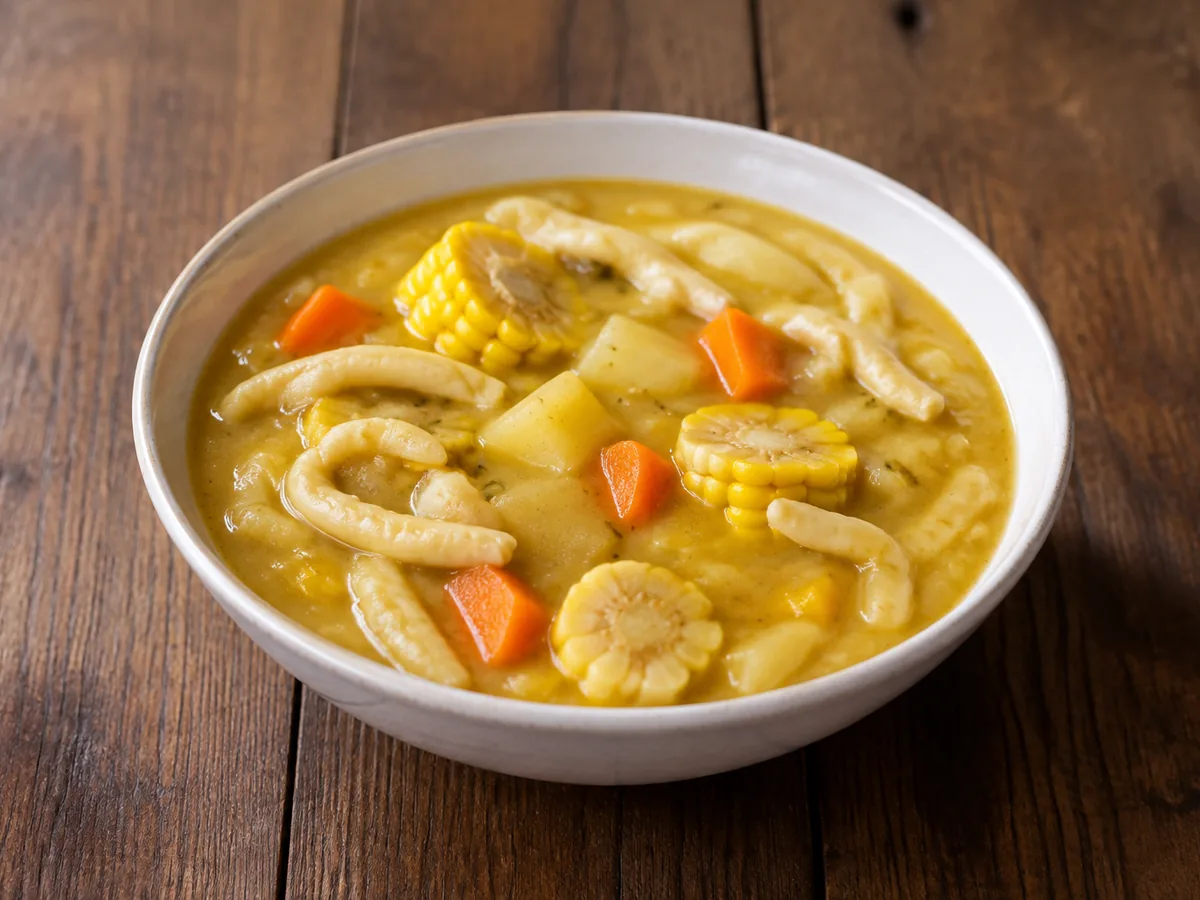 A white bowl of thick golden-yellow soup with wheels of corn on the cob, orange carrot, potato and long pale tapered dumplings floating in it.