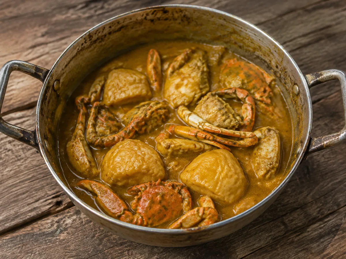 A wide metal pot of golden-yellow curry gravy holding orange-red cracked crab bodies and claws with pale flat boiled dumplings between them.