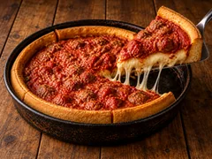 A tall wedge of deep-dish pizza lifted from the pan, chunky red tomato on top, a thick pull of molten mozzarella beneath, in a golden cornmeal crust.
