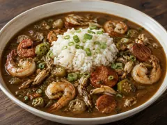 A deep bowl of dark mahogany gumbo with pink shrimp, slices of andouille, okra rings and a cracked crab claw around a mound of white rice, scattered with scallion.