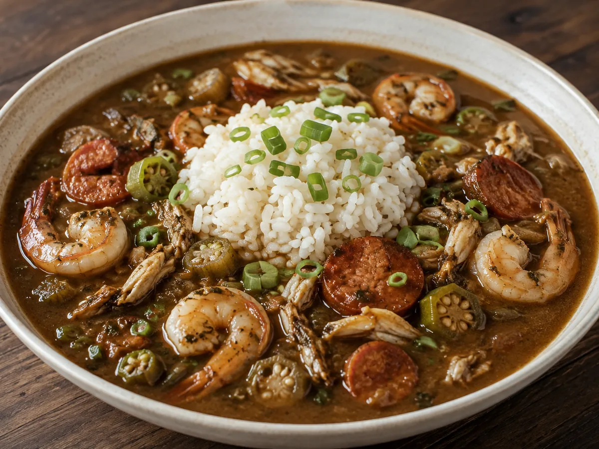 A deep bowl of dark mahogany gumbo with pink shrimp, slices of andouille, okra rings and a cracked crab claw around a mound of white rice, scattered with scallion.