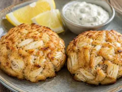Two tall golden-bronze crab cakes with large white lumps of crab visible on every side, with a lemon wedge and a small dish of tartar sauce.