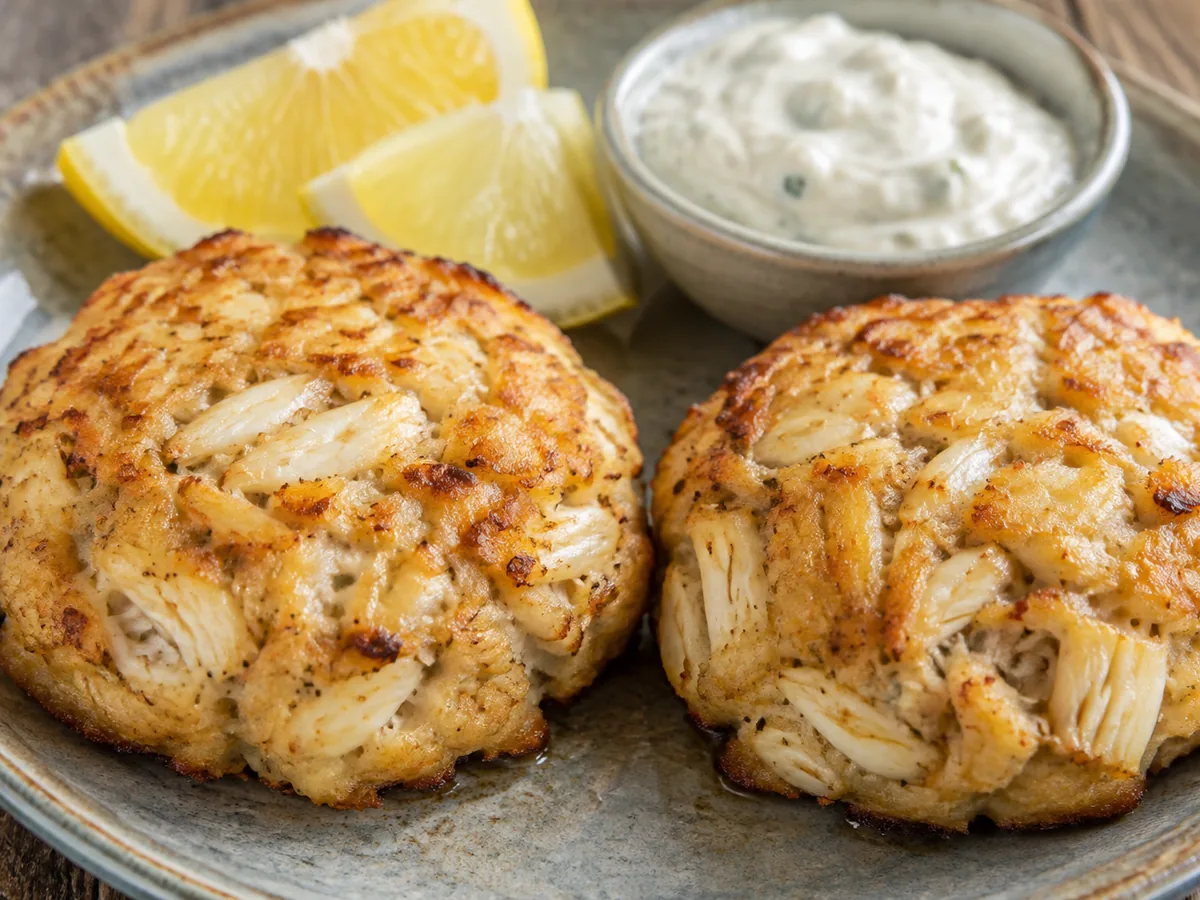 Two tall golden-bronze crab cakes with large white lumps of crab visible on every side, with a lemon wedge and a small dish of tartar sauce.