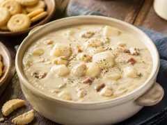 A wide bowl of thick ivory-white chowder with cubes of potato, chopped clam and crisp lardons, topped with chives and a scatter of oyster crackers.