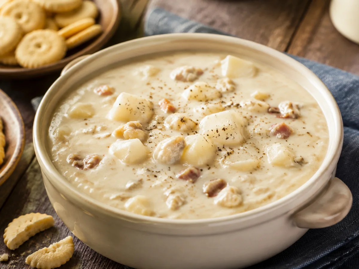 A wide bowl of thick ivory-white chowder with cubes of potato, chopped clam and crisp lardons, topped with chives and a scatter of oyster crackers.
