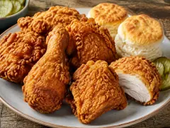 Pieces of golden-mahogany fried chicken with jagged, craggy crusts cooling on a wire rack over a tray, beside a cast-iron skillet.