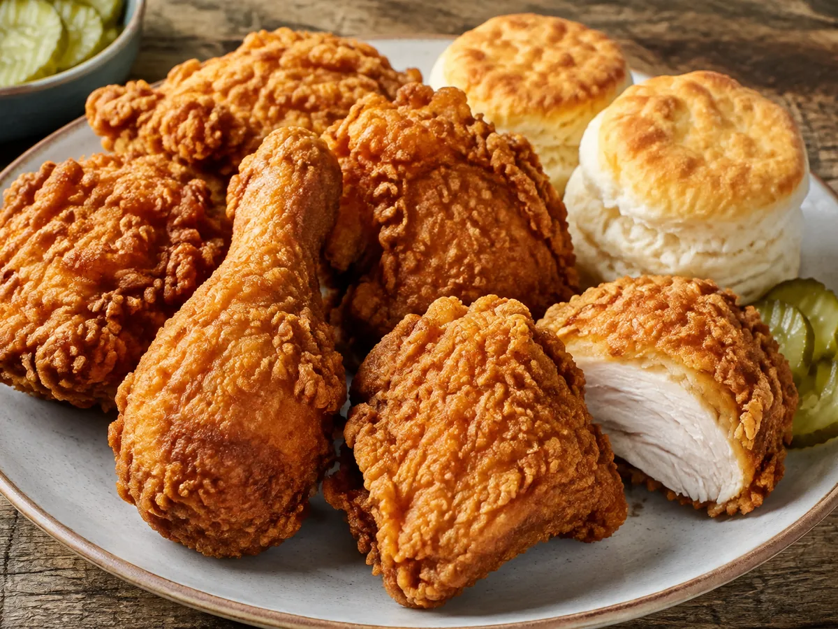 Pieces of golden-mahogany fried chicken with jagged, craggy crusts cooling on a wire rack over a tray, beside a cast-iron skillet.